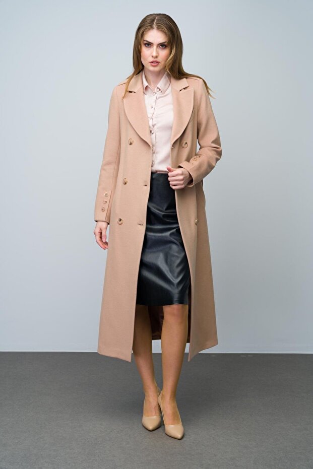Apolet and Polo Pocket Detailed Double-Breasted Medium Length Coat Kamel 3009