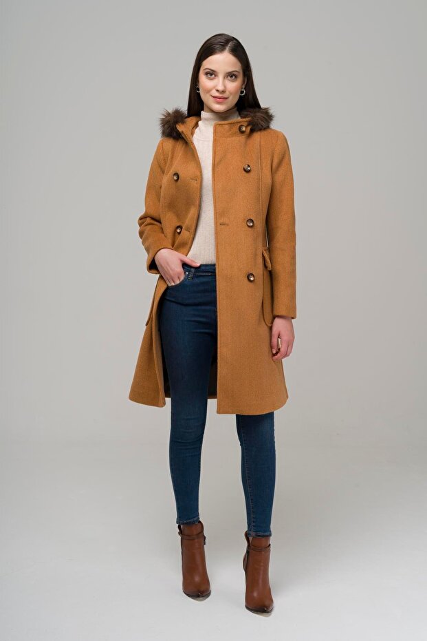 Double Breasted Coat with Fur Hooded Bag Pocket TARÇIN 3930