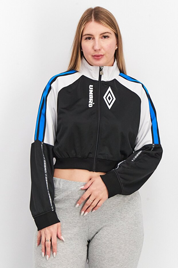 Women Mock Neck Long Sleeve Brand Logo Crop Top Sweatshirt, Black And White
