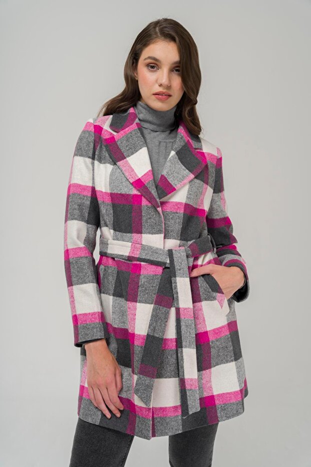 Belted Waist Lined Plaid Patterned Coat Fuchsia 3927-E