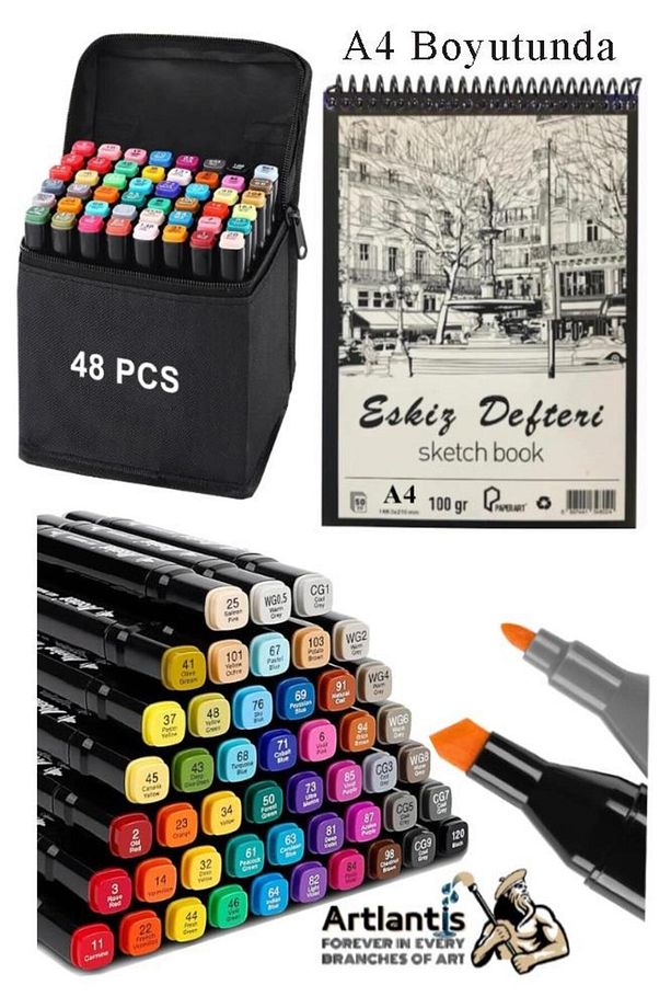 Eskiz Defteri A4 50 Yaprak 100 gr 1 Adet 48 Renk Çift Taraflı Marker Kalem 48 Adet Touch Çift Uçlu - 1