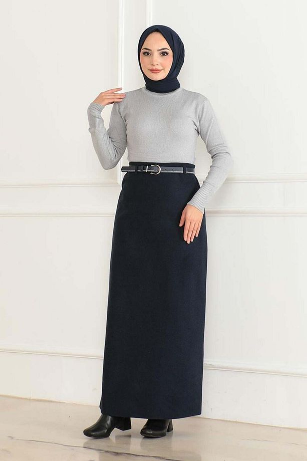 Kemerli Kaşe Kalem Etek LACİVERT - 2