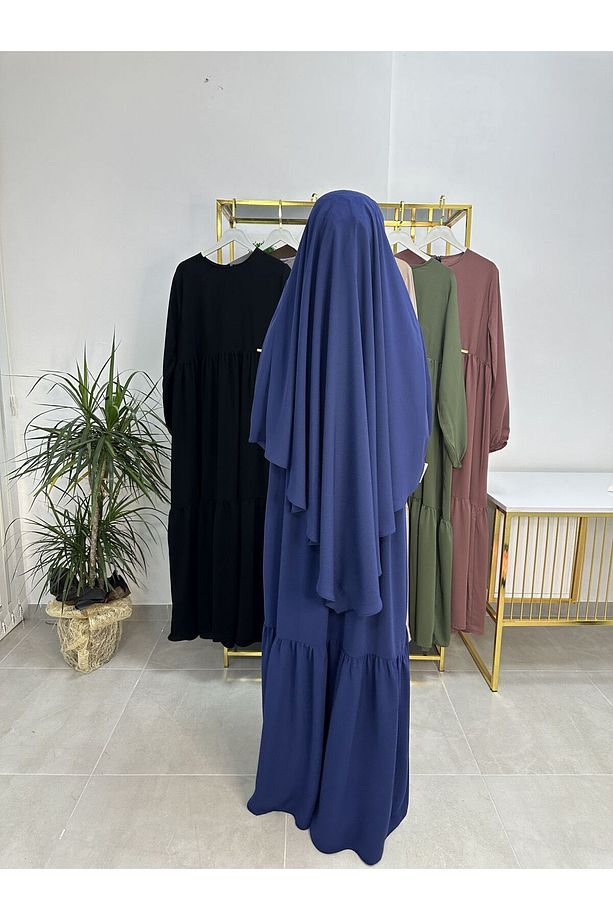 Ferace & Abaya SUFLE EŞARP ve İKİ KAT BÜZGÜLÜ ELBİSE TAKIM.HİJAB .hac Ve Umre Için Uygundur indigo - 5