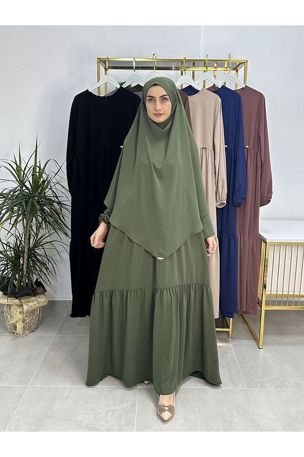 Ferace & Abaya SUFLE EŞARP ve İKİ KAT BÜZGÜLÜ ELBİSE TAKIM.HİJAB .hac Ve Umre Için Uygundur haki - 1