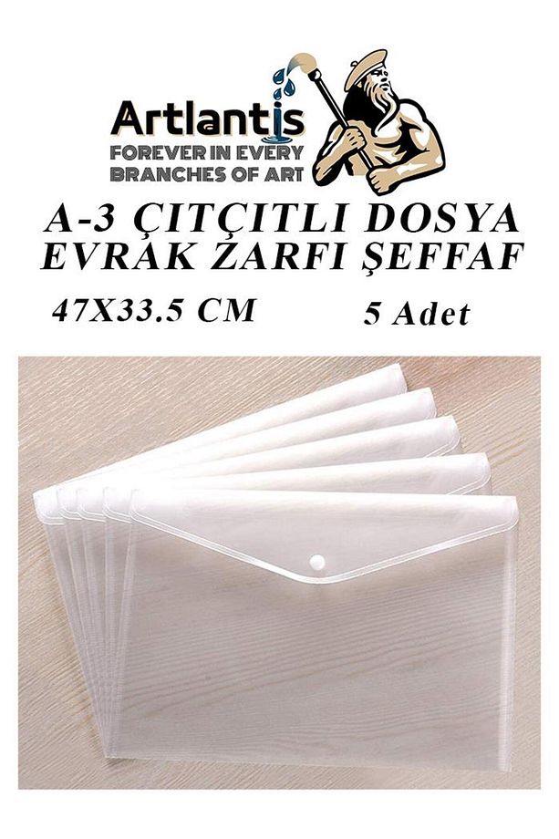 A3 Çıtçıtlı Dosya Şeffaf 5 Adet A-3 Çıtçıtlı Zarf Dosya Transparan 47x33.5 Cm Büyük Boy Çıtçıtlı Dos - 1