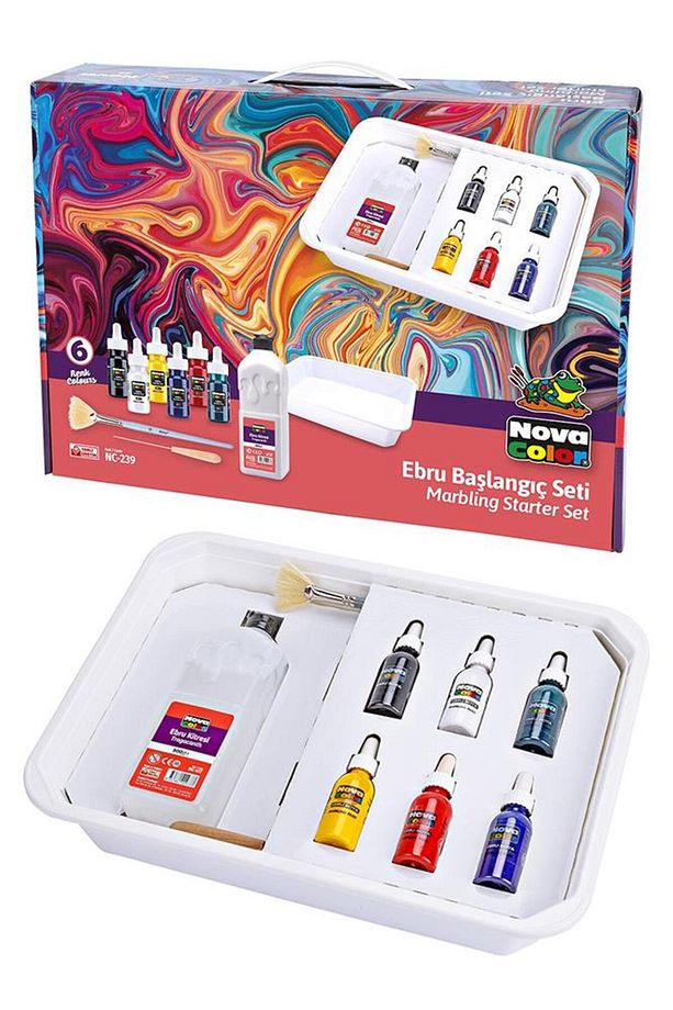 Ebru Boya Seti A-4 30 Parça 1 Paket Ebru Sanatı Seti Kitre Kağıt 6 Renkli Boya Fırça Tekne Ve Biz - 1