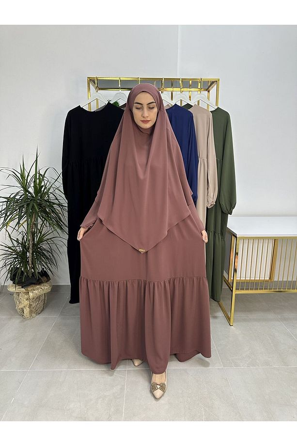 Ferace & Abaya SUFLE EŞARP ve İKİ KAT BÜZGÜLÜ ELBİSE TAKIM.HİJAB .hac Ve Umre Için Uygundur gül - 7