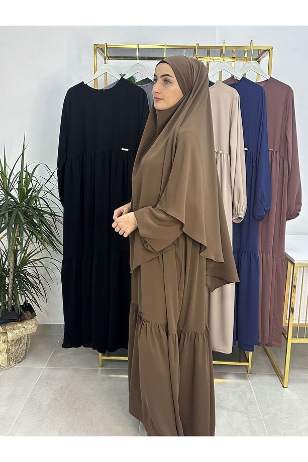Ferace & Abaya SUFLE EŞARP ve İKİ KAT BÜZGÜLÜ ELBİSE TAKIM.HİJAB .hac Ve Umre Için Uygundur kahve - 4