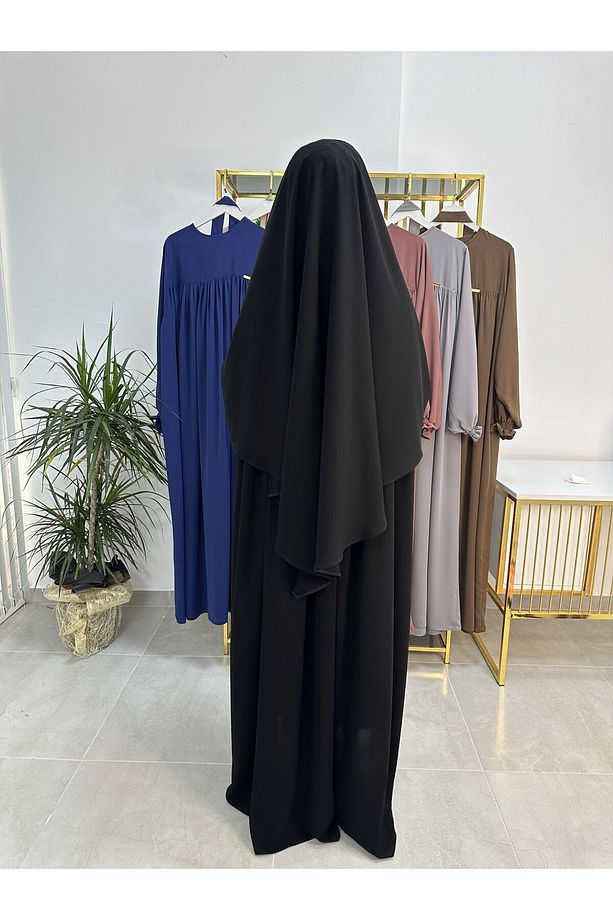Ferace & Abaya Sufle  Esarp ve Üsten robalı kemerli  elbise Takım .hac Ve Umre Için Uygundur SİYAH - 5