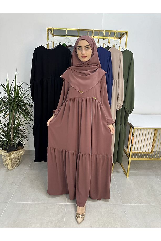 Ferace & Abaya SUFLE EŞARP ve İKİ KAT BÜZGÜLÜ ELBİSE TAKIM.HİJAB .hac Ve Umre Için Uygundur gül - 3