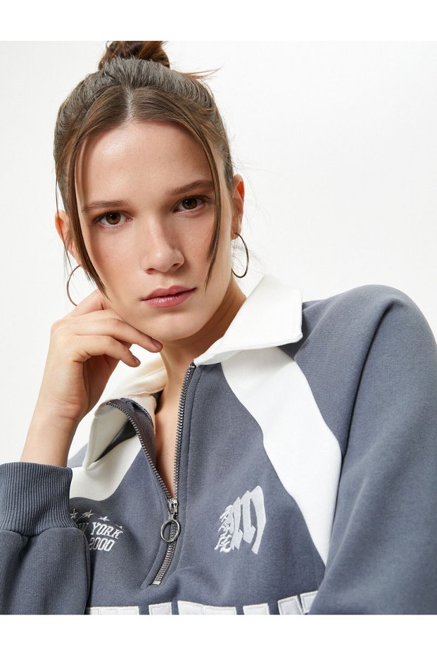 Polo Neck Sweatshirt Half Zipper Color Block Applique and Embroidery Detail