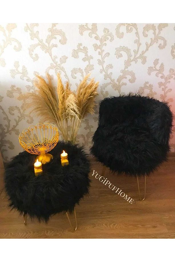 Peluş Puf Berjer & Yuvarlak Peluş Puf 2'li Set Siyah Takım Gold 4 Ayak - 2