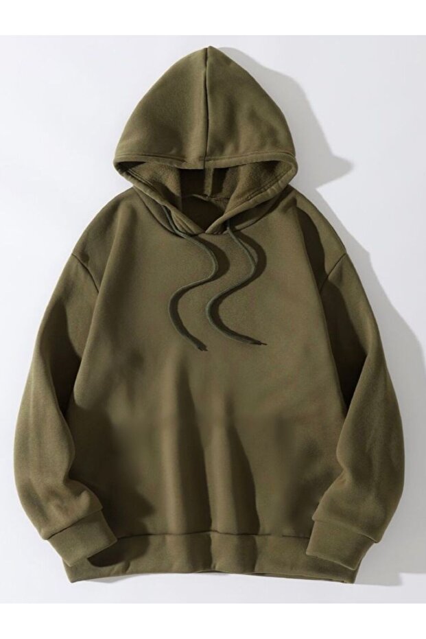 Kapüşonlu Oversize Basic Sweatshirt Haki Yaşili