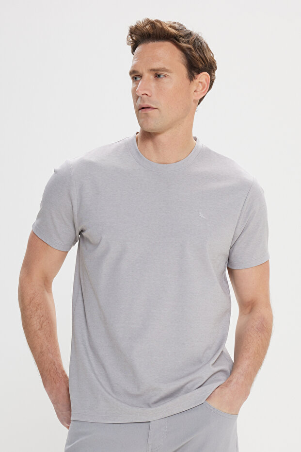 Erkek Gri Slim Fit Dar Kesim Bisiklet Yaka Pamuklu Tişört - 1