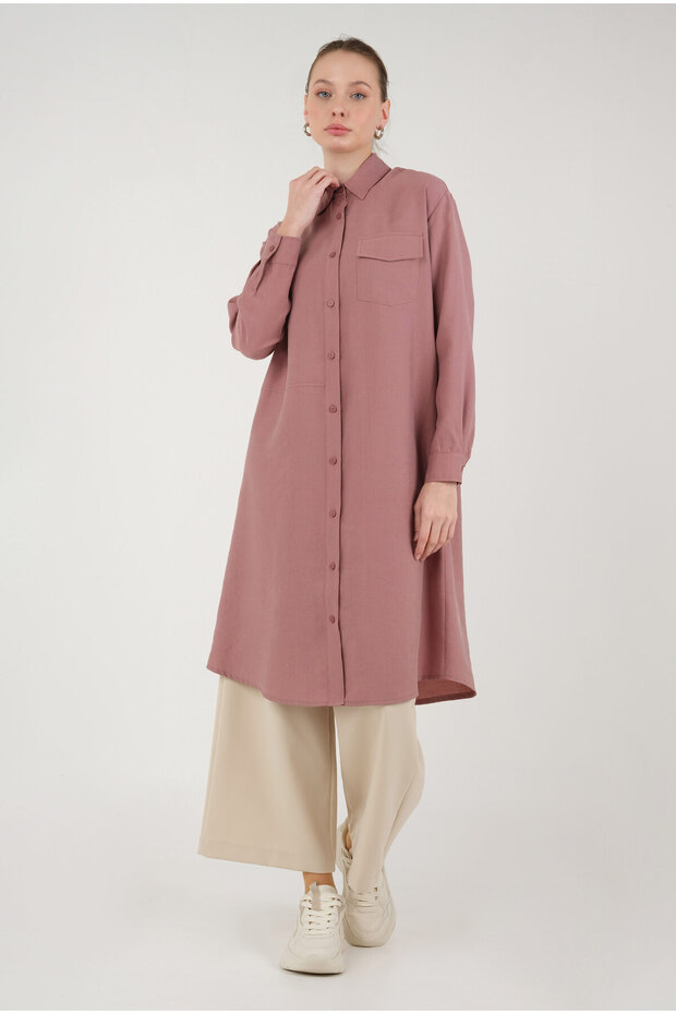 Parçalı Modal Gömlek Gül Kurusu - 1