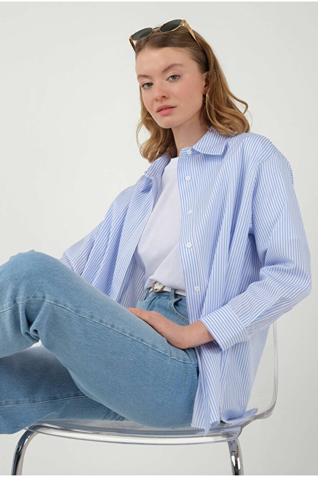 Çizgili Basic Gömlek Mavi - 6