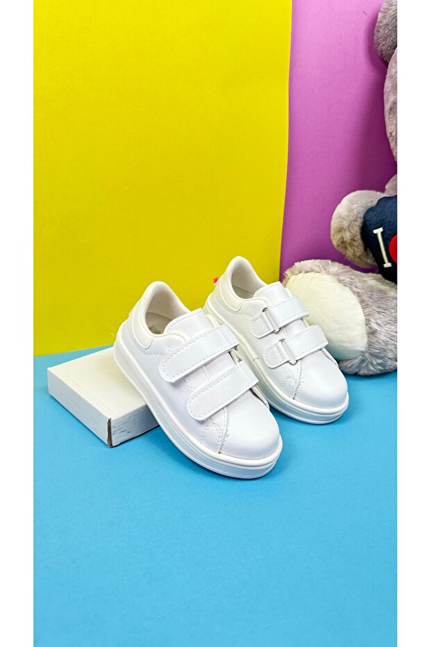 Daily Unisex White Sneaker Velcro Stitching Detailed Thick Sole Comfortable Lightweight Sports Shoes 525Pf