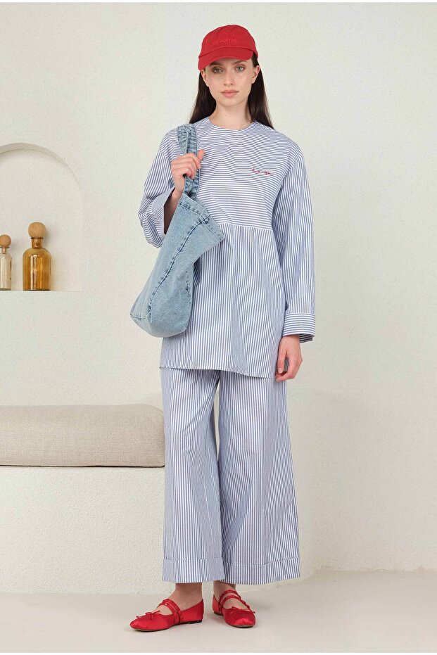 Poplin Çizgili Tunik Mavi - 1
