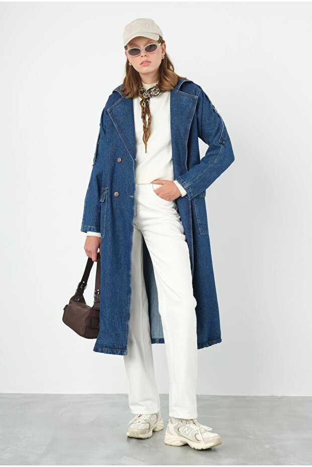 Denim Trençkot Uzun Mavi - 2