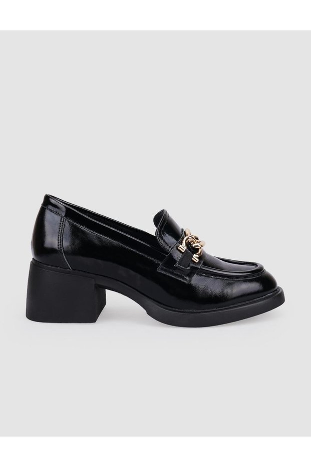 100% Genuine Leather Black Patent Leather Buckle Women's Heeled Shoes
