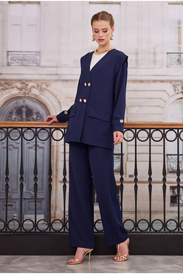 Double-breasted Blazer Jacket Pants Suit Navy Blue