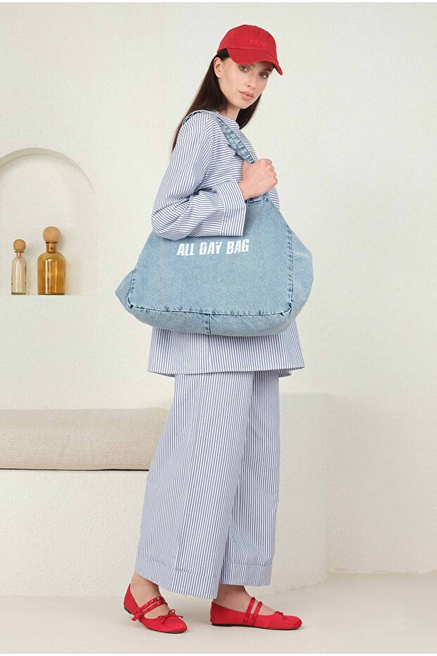 Poplin Çizgili Tunik Mavi - 2