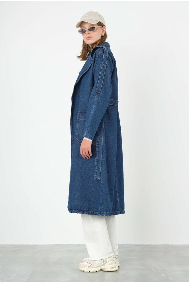 Denim Trençkot Uzun Mavi - 5