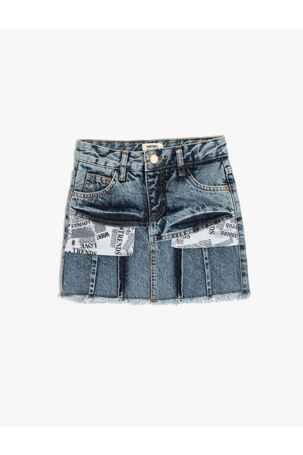 Pleated Denim Skirt with Pockets, Print Detail, Button Closure, Cotton