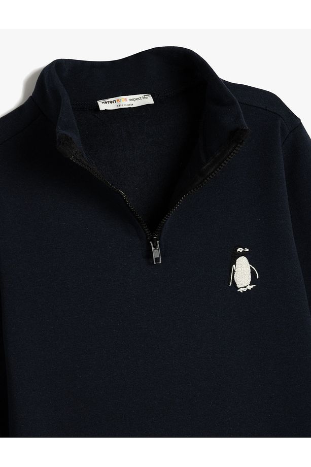 İşlemeli Dik Yaka Yarım Fermuarlı Uzun Kollu Şardonlu Oversize Sweatshirt - 3