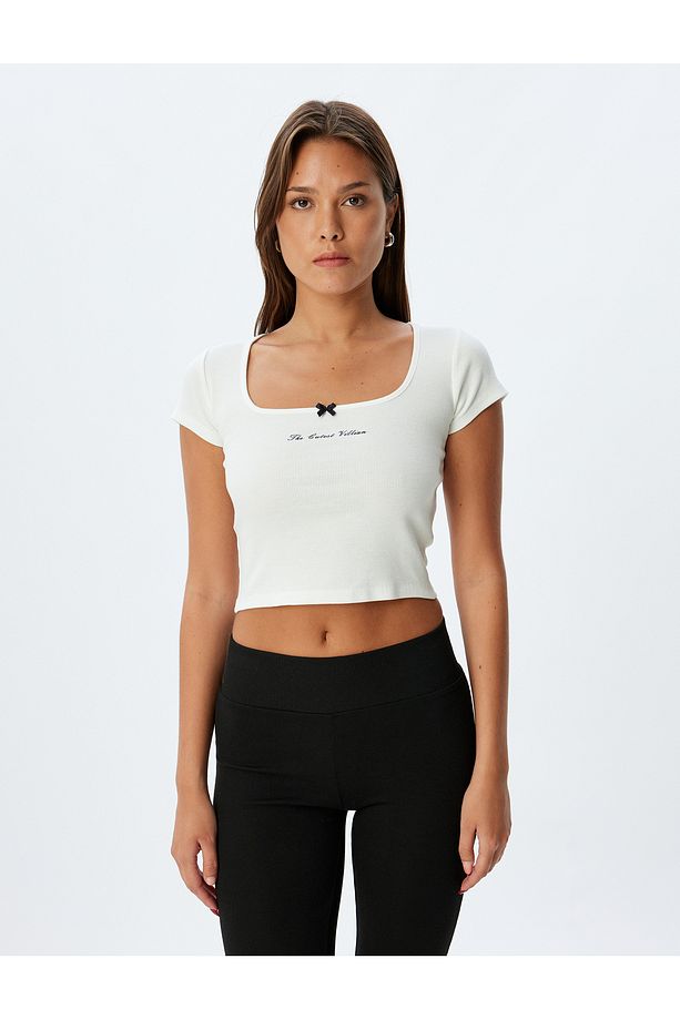 Örme Crop Pijama Üstü Kısa Kollu U Yaka Baskı Detaylı Pamuklu - 3