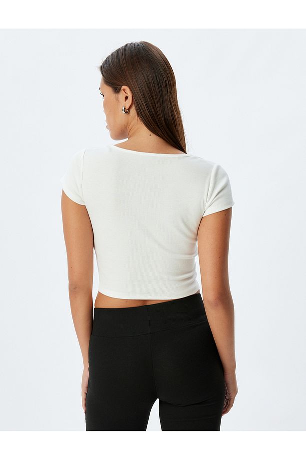 Örme Crop Pijama Üstü Kısa Kollu U Yaka Baskı Detaylı Pamuklu - 4