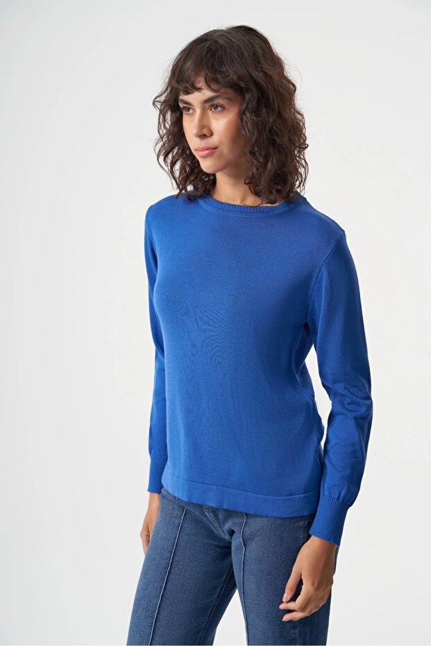 Basic o Yaka Viskon Akrilik Saks Triko - 3