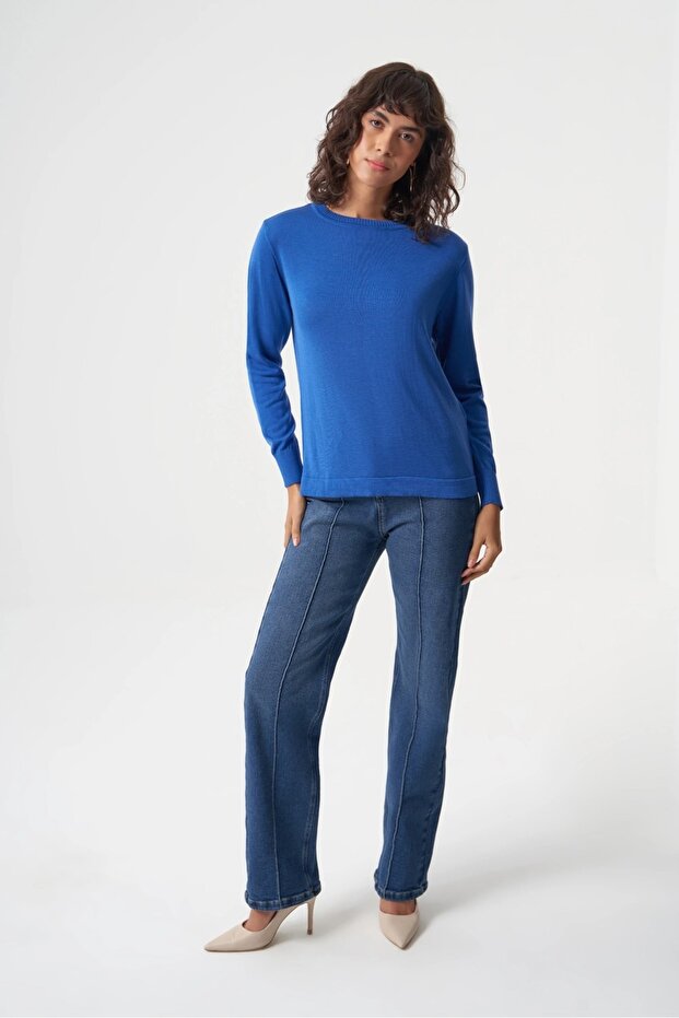 Basic o Yaka Viskon Akrilik Saks Triko - 2