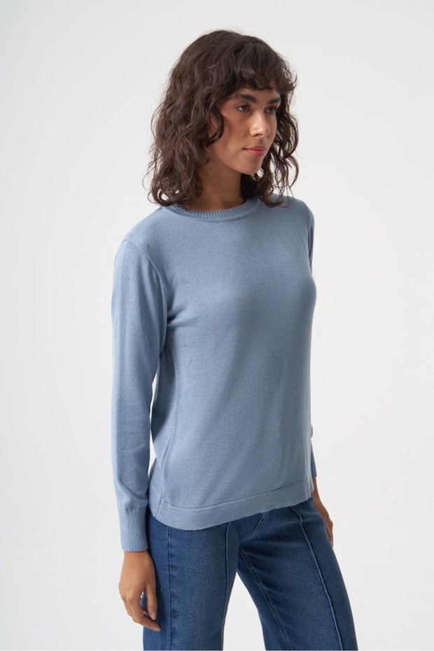 Basic o Yaka Viskon Akrilik Bebe Mavi Triko - 1