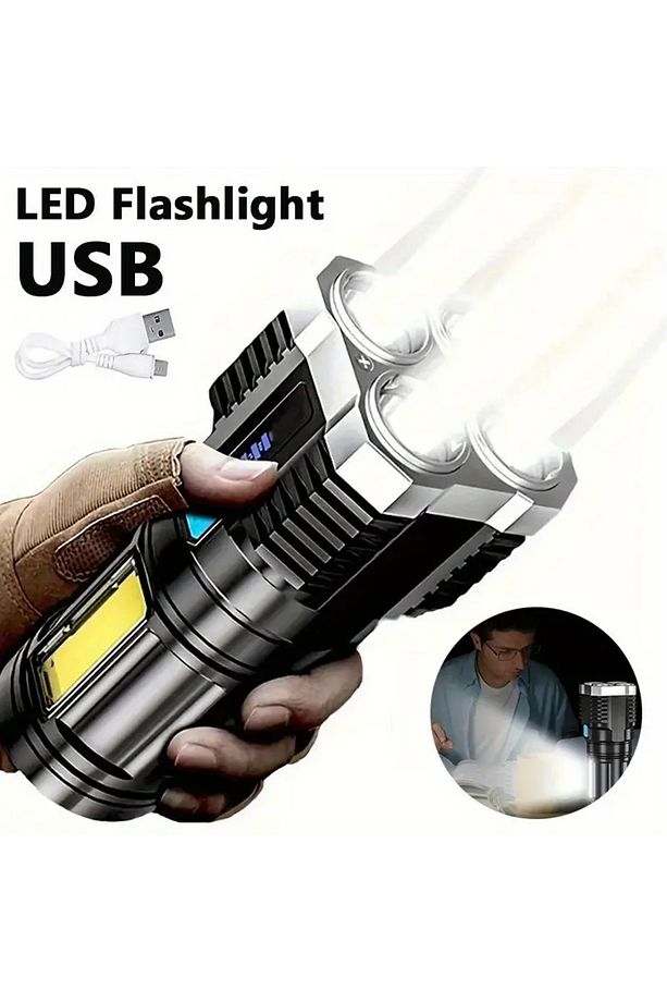 1200mAh USB Şarjlı LED El Feneri ve COB Yan Işık - 1200mAh Batarya, Güçlü ve Taşınabilir - 5