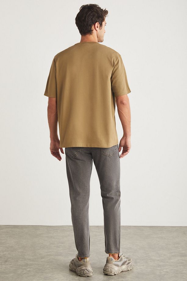 Blas Erkek Basic Oversize %100 Pamuklu Organik Pamuklu Örme Bisiklet Yaka Camel T-shirt - 5