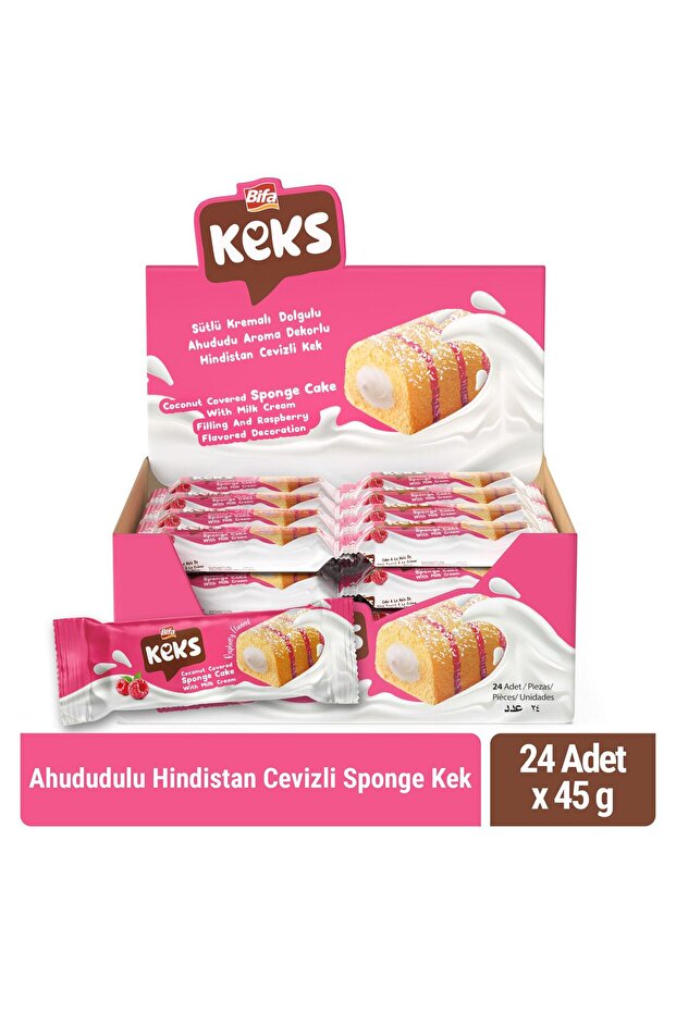 BİFA KEKS Sponge Kek Ahududulu Hindistan Cevizli 45 gr x 24 adet