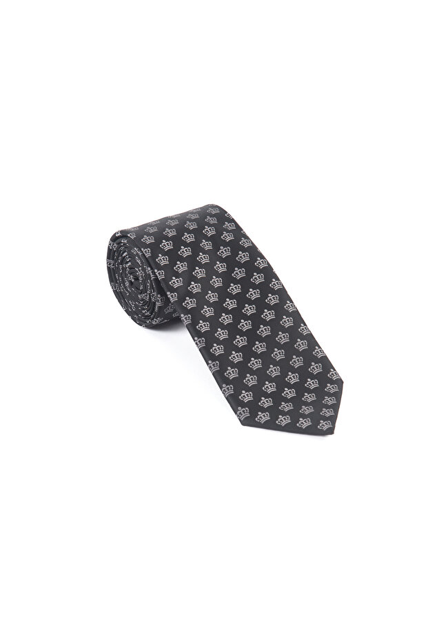 Crown Patterned Black Gray Tie - 4