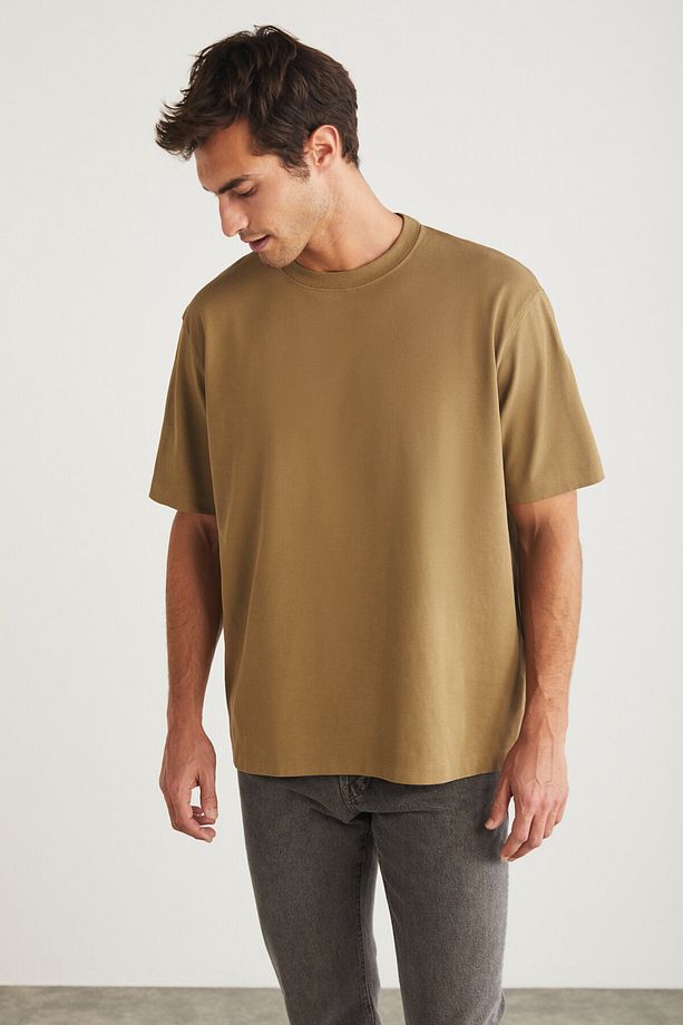 Blas Erkek Basic Oversize %100 Pamuklu Organik Pamuklu Örme Bisiklet Yaka Camel T-shirt - 4