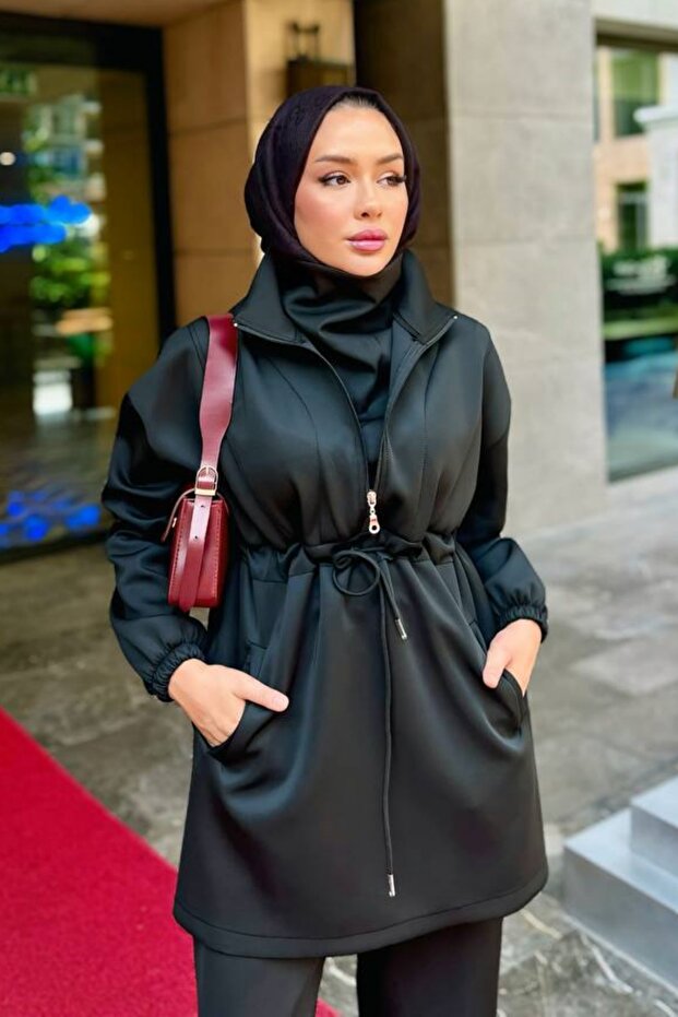 Stretchy Scuba Fabric Long Sleeve Sweatshirt and High Waist Sweatpants Black Bottom Top Hijab Suit 1024
