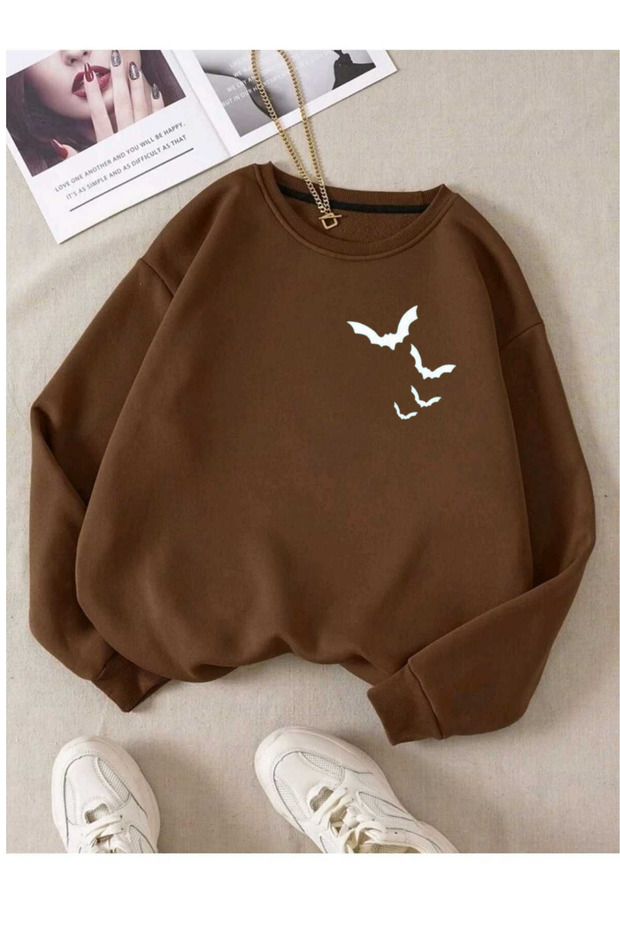 Women's Brown Bats Printed Crew Neck Oversize Sweatshirt