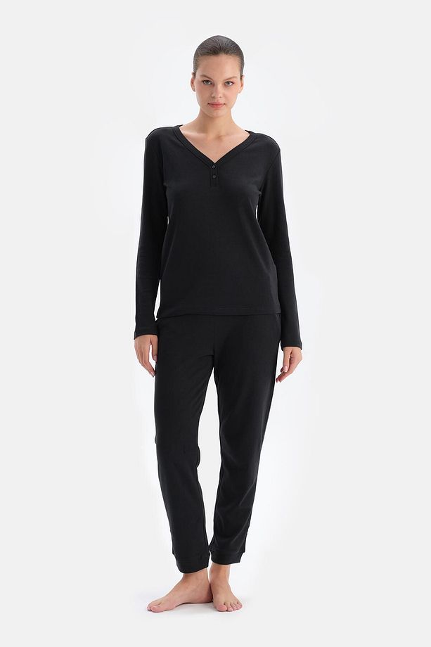 Siyah V Yaka Jogger Paça Cellıant Pijama Takımı - 4