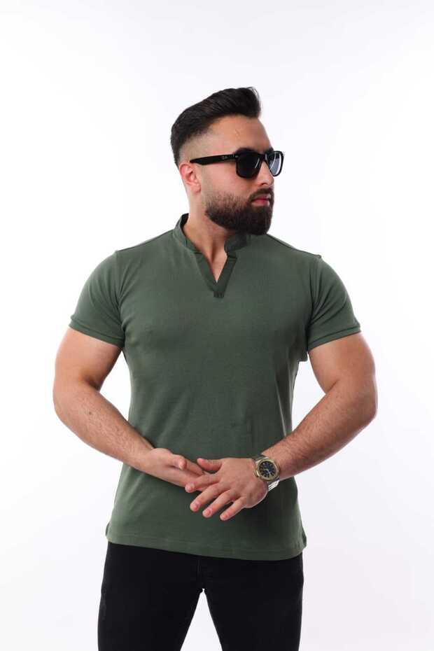 Khaki Color Judge Collar Slim Fit Men's T-Shirt