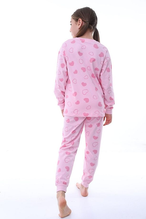 %100 Pamuk Kalp Desenli Uzun Kollu Kız Çocuk Pijama Takımı (3,4,5,6,7,8,9,10,11,12,13 YAŞ) - 4