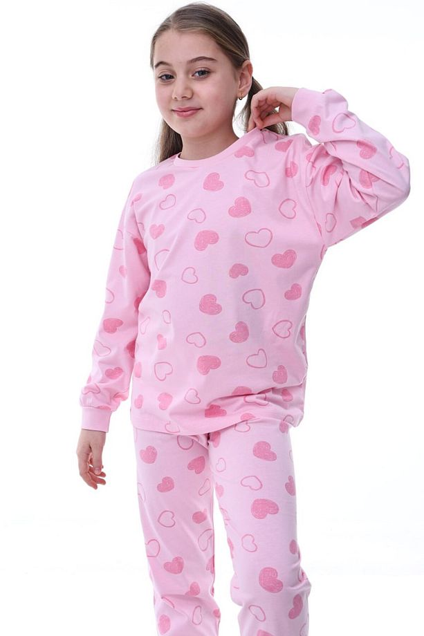 %100 Pamuk Kalp Desenli Uzun Kollu Kız Çocuk Pijama Takımı (3,4,5,6,7,8,9,10,11,12,13 YAŞ) - 3