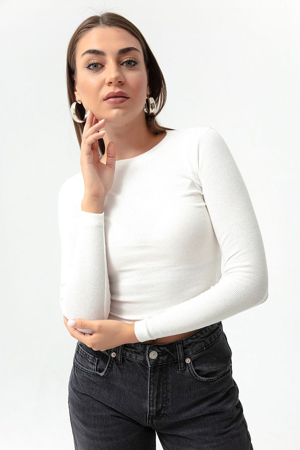 Kadın Ekru Fitilli Uzun Kollu Crop Bluz - 3