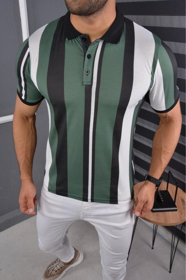 Green - White Color Polo Neck Slim Fit Men's T-Shirt