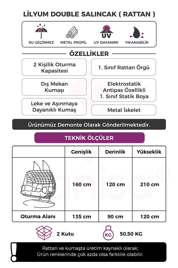 Lilyum Serisi Çift Kişilik Gri Rattan Örgü Antrasit Minder Salıncak - 5