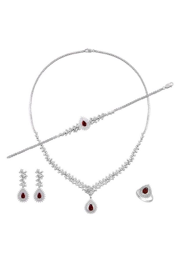 Kadın Gümüş Set - Çise Yakut Taşlı Su Yolu • Işıklı Kutuda • Düğün • Nişan • Söz • Gelin Seti Takımı - 4