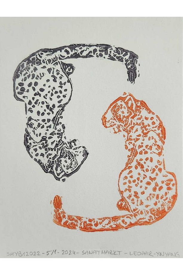 Özgün Baskı - Kırmızı Siyah Leopar Resmi - Yin Yang - Linolyum - 1